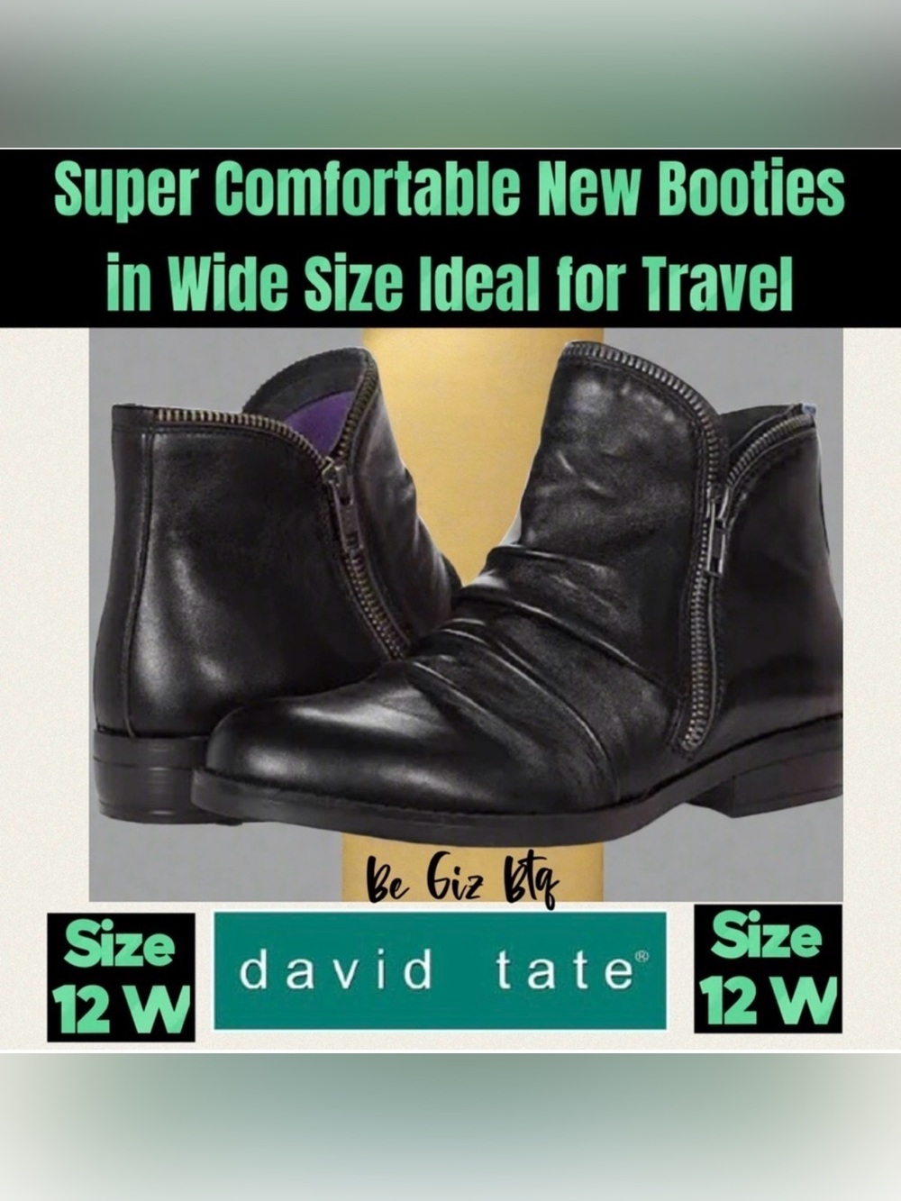 NWT David Tate Ming Leather Double Zipper Ankle Boots Black Napa Leather Size12W